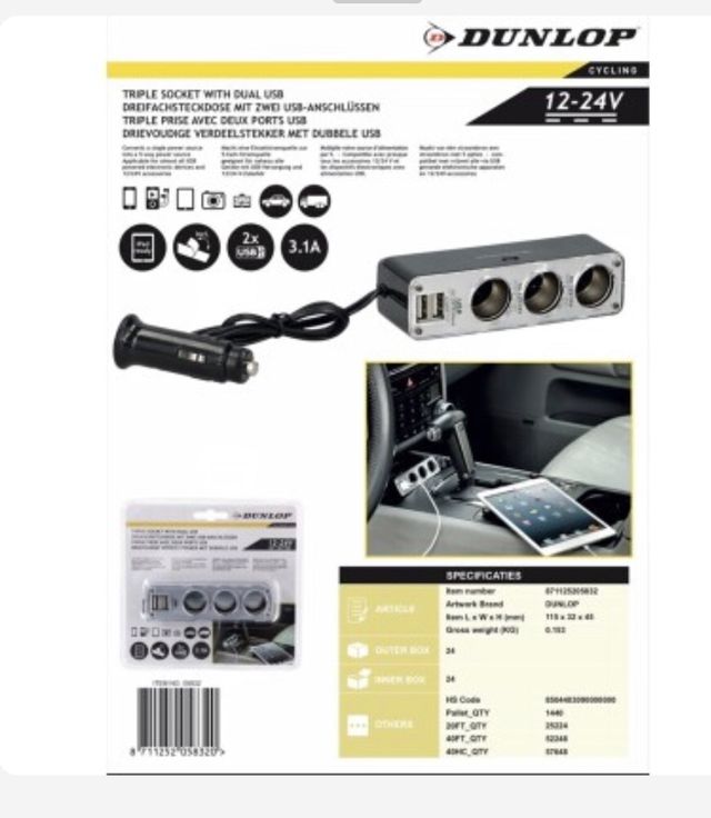 Enchufe triple 12V-24V Dunlop