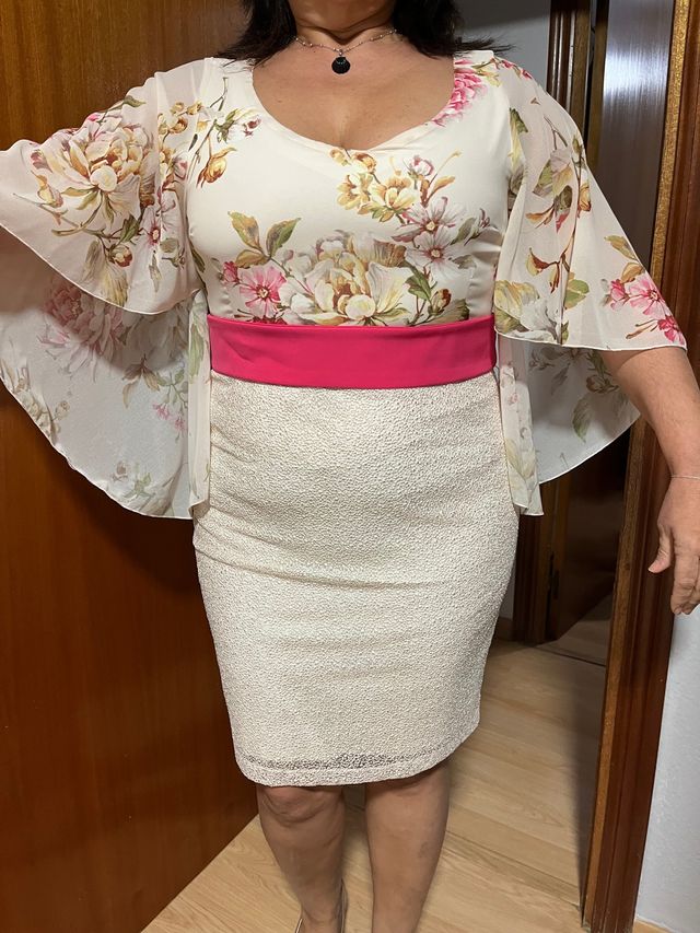 Vestido beige y rosa