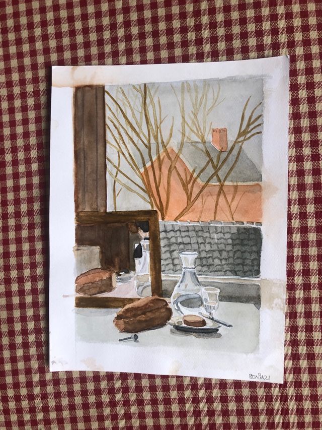 Acuarela bodegón ventana invierno