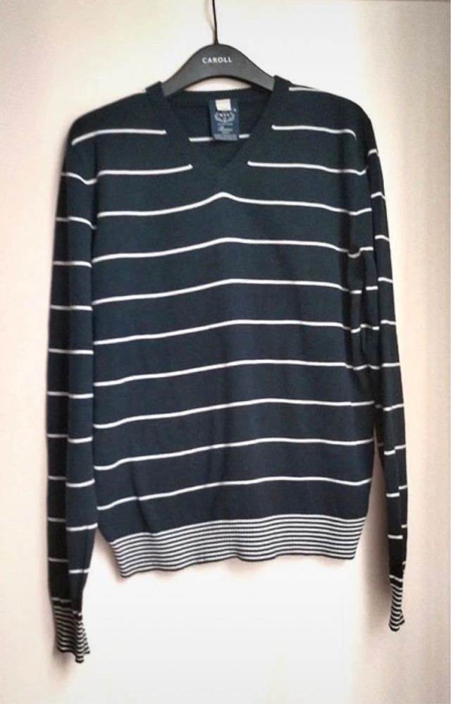 Maglia uomo cotone 100% blu a righe scollo V