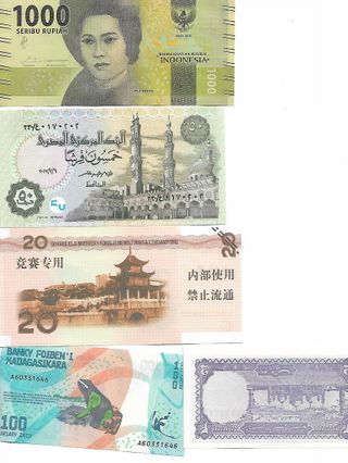 5 BILLETES EXTRANJEROS DIFERENTES PLANCHA SC