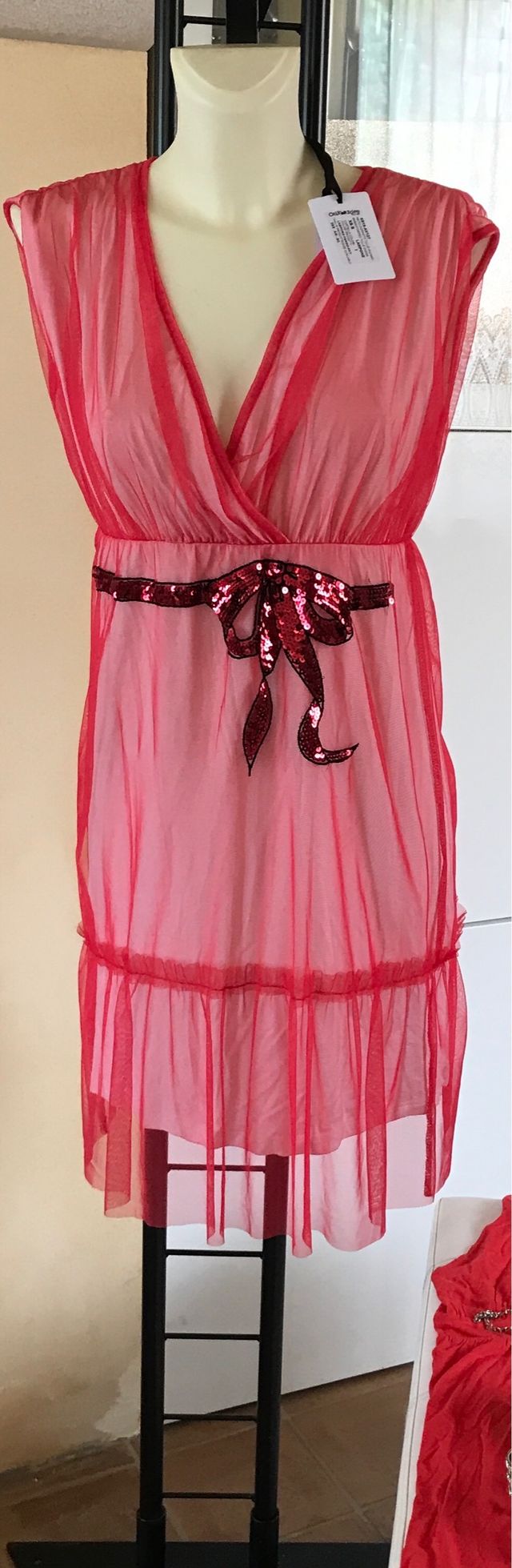 Abito rosso tulle con fiocco paillettes