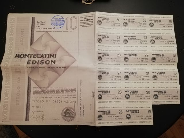 Titolo da 10 azioni del 1974 Montecatini/Edison