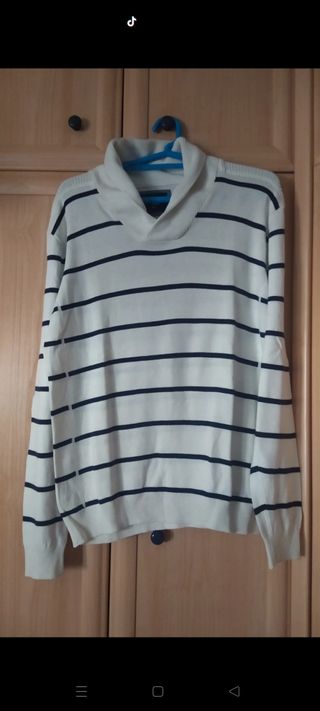 Jersey hombre blanco con rayas azul talla M 