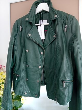 CAZADORA PIEL CRUZADA COLOR VERDE TALLA 38