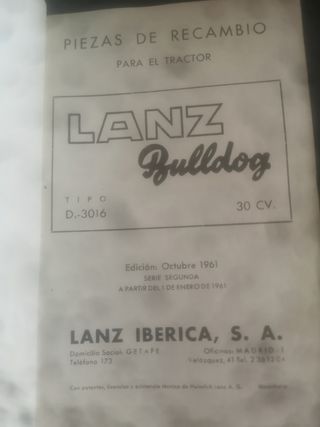 Lanz Bulldog D 3016 Piezas Recambio (Octubre 1961)