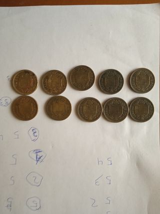 10 monedas de 2.5 pesetas de 1953 estrella 54.