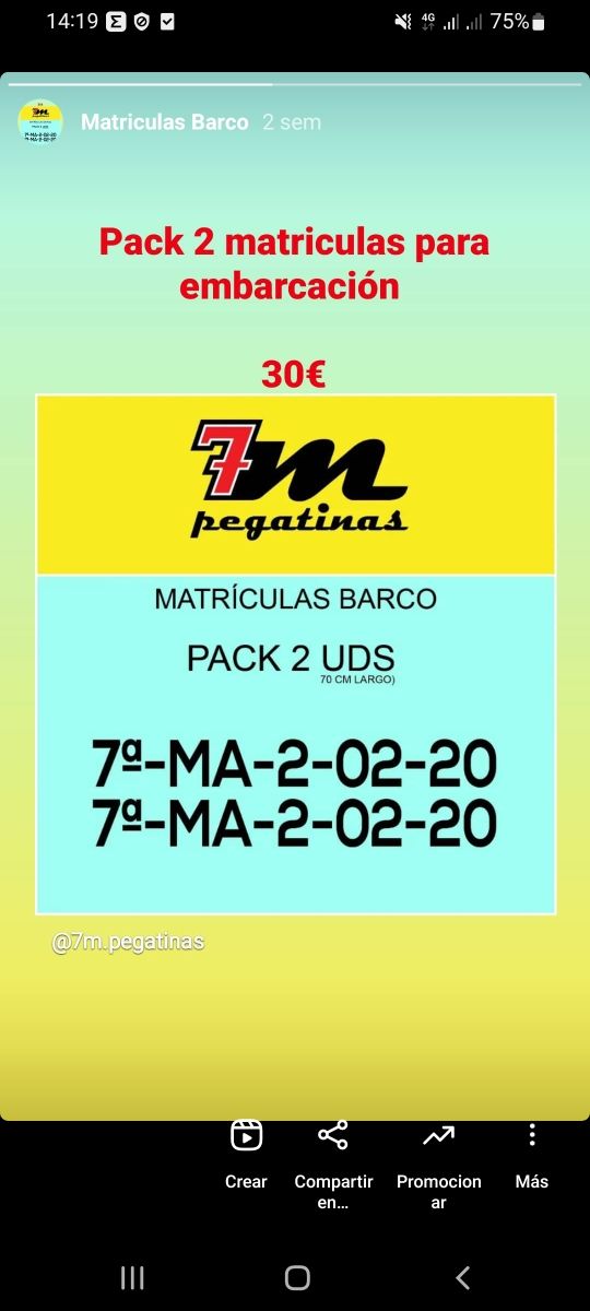 Pegatinas Vinilo Matriculas Barco x 2uds