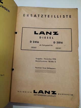 Lanz Bulldog D 2816 Piezas de Recambio (Año 1958)
