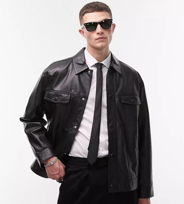 Blusão de couro preto ocidental Topman tamanho M