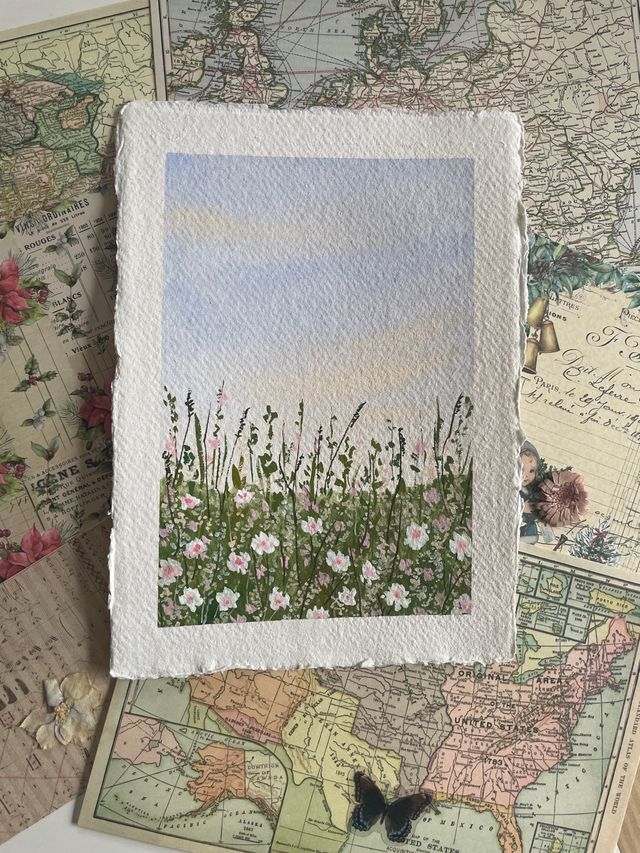 Lámina goauche paisaje jardín original