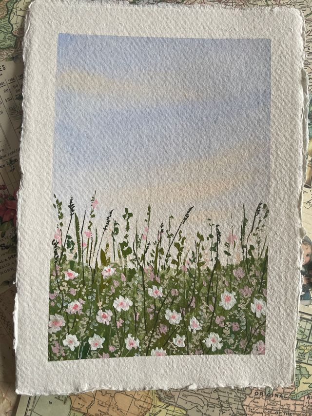 Lámina goauche paisaje jardín original