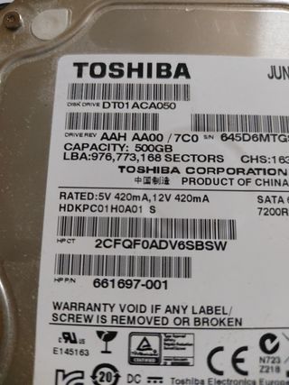 Disco duro 500GB TOSHIBA 7.200 SATA 3