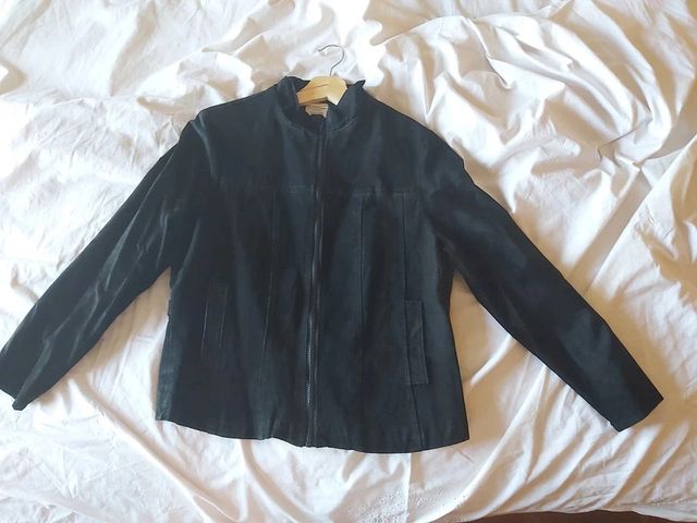 Blusão biker pele suíno, mangas e gola nobuck, L