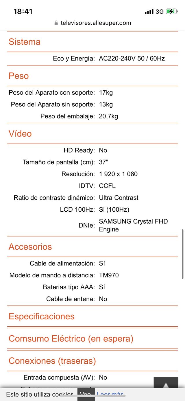 Televisión Samsung "37" pulgadas.