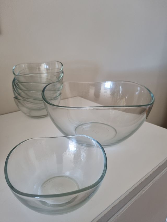 Juego ensaladera y 6 cuencos cristal