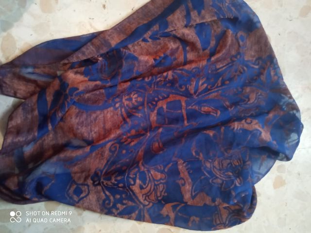 pañuelo vintage de gasa y terciopelo azul marrón