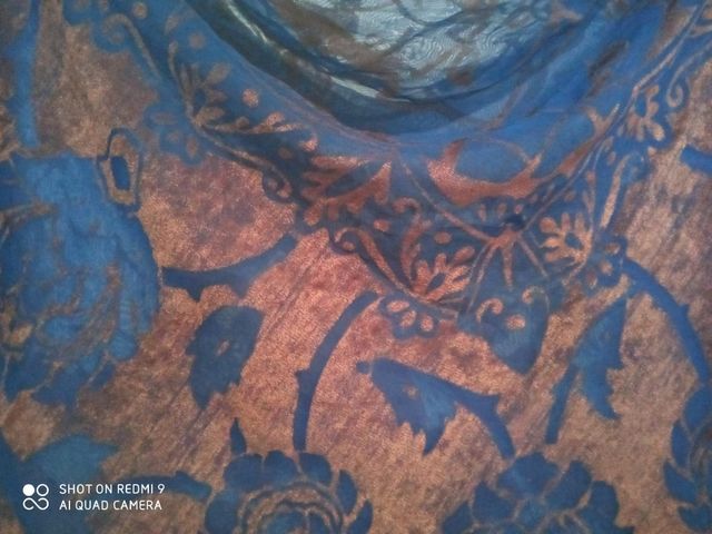 pañuelo vintage de gasa y terciopelo azul marrón