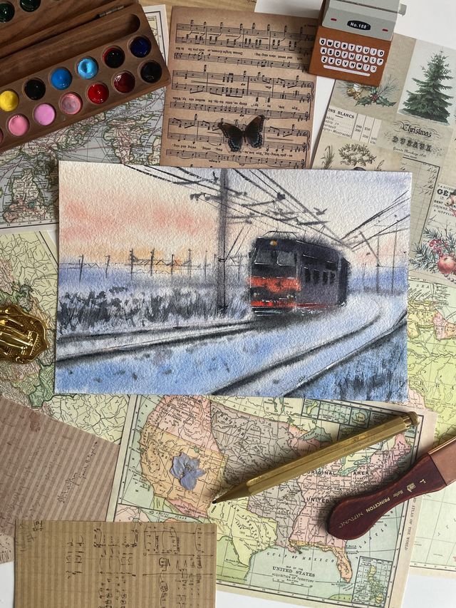 Lámina acuarela paisaje tren original