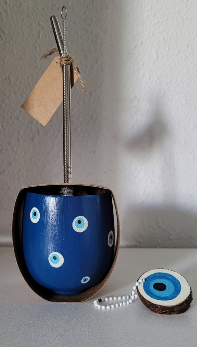 mate personalizado madera, te, taza, ojo turco