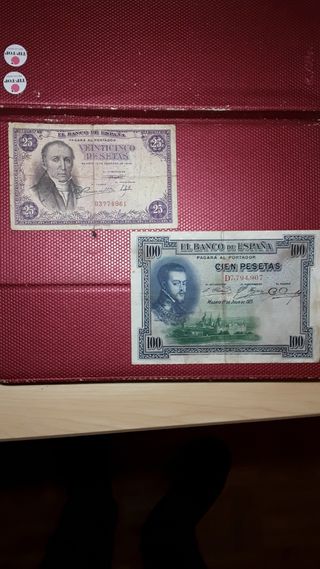BILLETES de 25 y 100 pesetas.