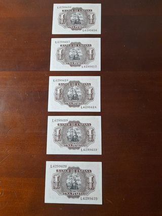 Lote de 5 billetes correlativos de 1 peseta 1953