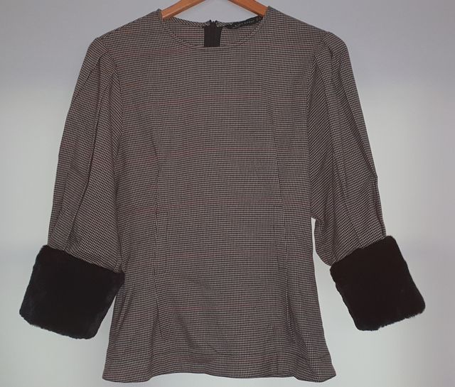 Zara Blusa manga 3/4 cuadritos y pelo talla XS
