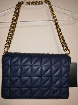 bolso azul cuadros cadena oro