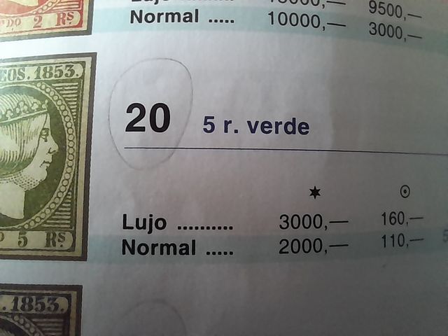 Sello Edifil nº 20 5r verde Isabel II 1853