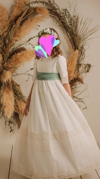 Vestido comunión niña con fajín aguamarina 