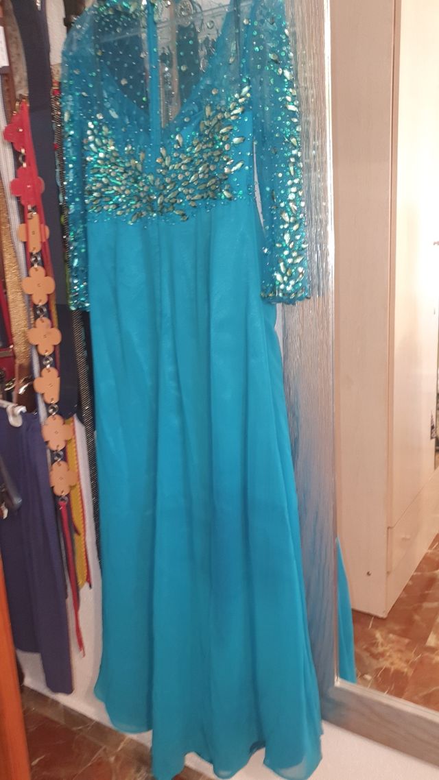 Vestido Pedrería, con Tocado a Juego, tono azul, M