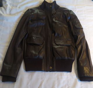 Cazadora biker piel marrón Mango