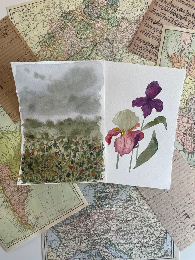 Set láminas acuarela paisaje flores originales