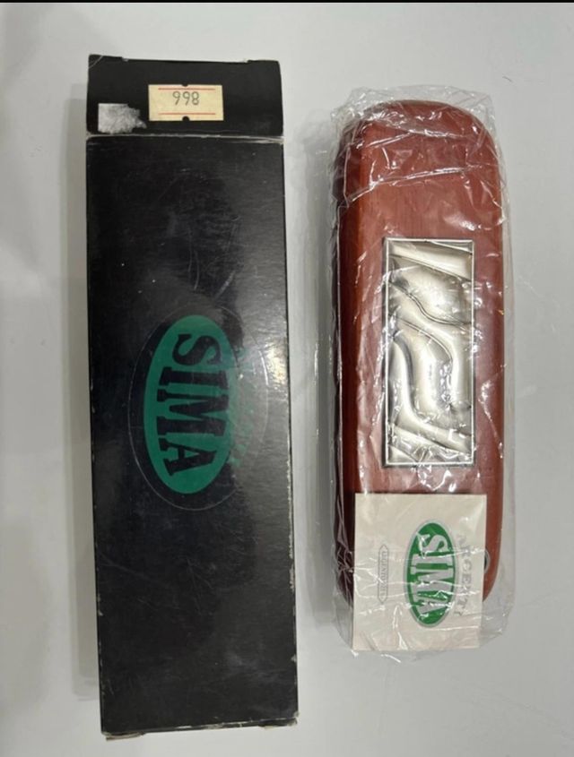 Penna e custodia argento e legno da scrivania