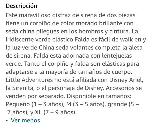 Disfraz Sirenita Little Adventures 3-5 años nuevo