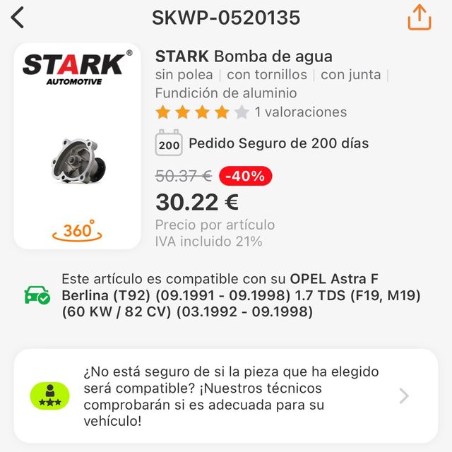 Bomba de agua Opel Astra F 1991-98 1.7 TDS