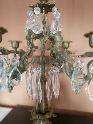 2 Candelabros antiguos bronce y cristal de roca