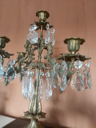 2 Candelabros antiguos bronce y cristal de roca