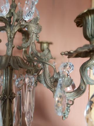 2 Candelabros antiguos bronce y cristal de roca