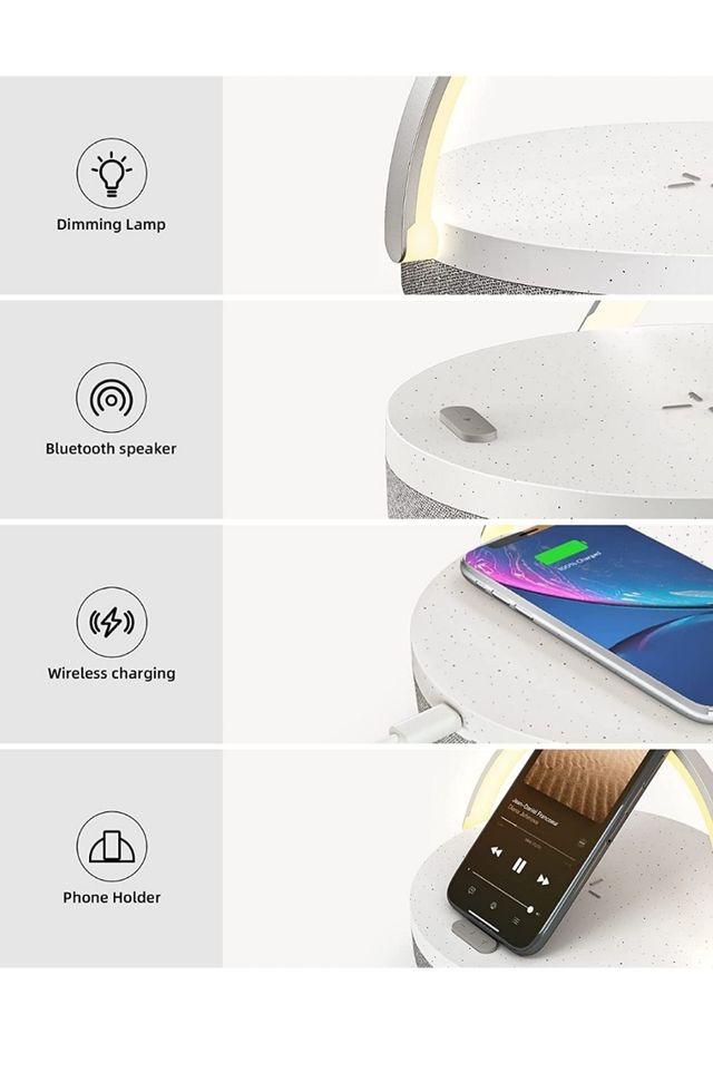 Lampada da notte con ricarica wireless e altoparlante.