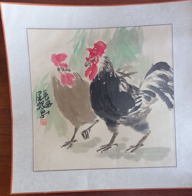 Acuarela CHINA con gallos.