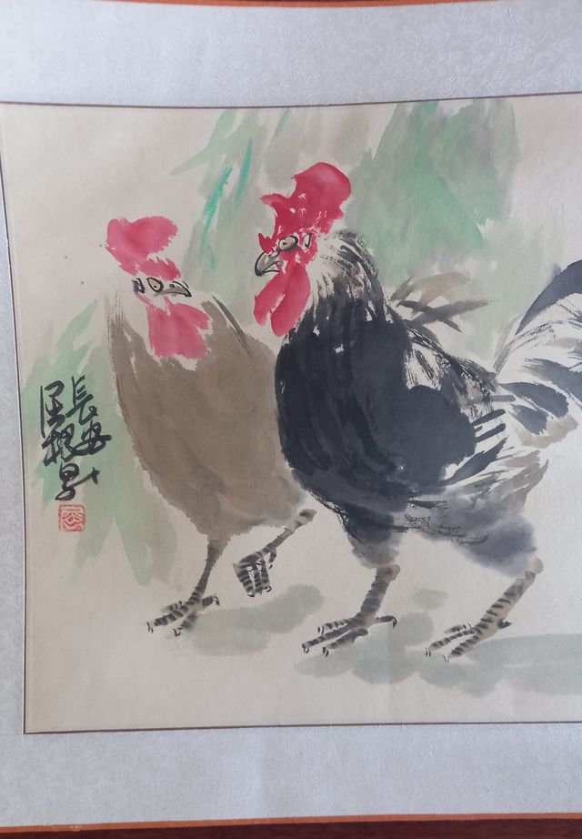 Acuarela CHINA con gallos.