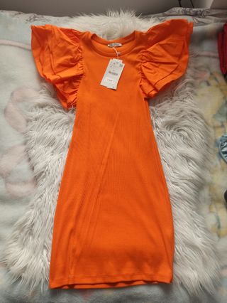 Vestido naranja volantes Zara S