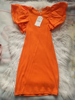 Vestido naranja volantes Zara S