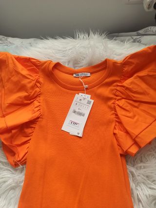 Vestido naranja volantes Zara S