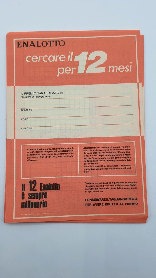 27 schedine nuove Enalotto anni 80. Fior di stampa