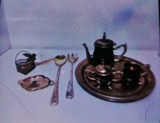 Piezas en alpaca plateada:Juego café, cubiertos,..