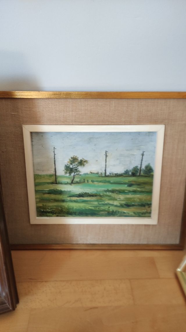 Marco. Paisaje rural al óleo sobre tabla, con camp