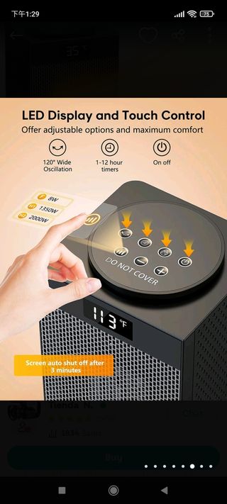 Calefactor 2000W, ECO Calefactor bajo consumo, PTC