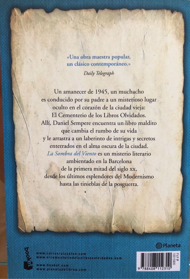 Libro La sombra del viento de Carlos Ruiz Zafón